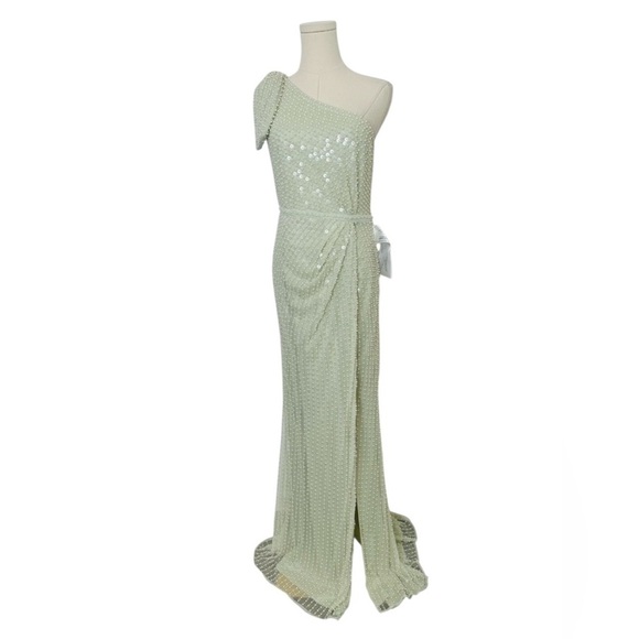 NWT $598 Mac Duggal Pearl Embellished Soft Tie One Shoulder Gown Mint Green Teal - Picture 7 of 14